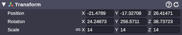 Transform section with position, rotation, and scale values