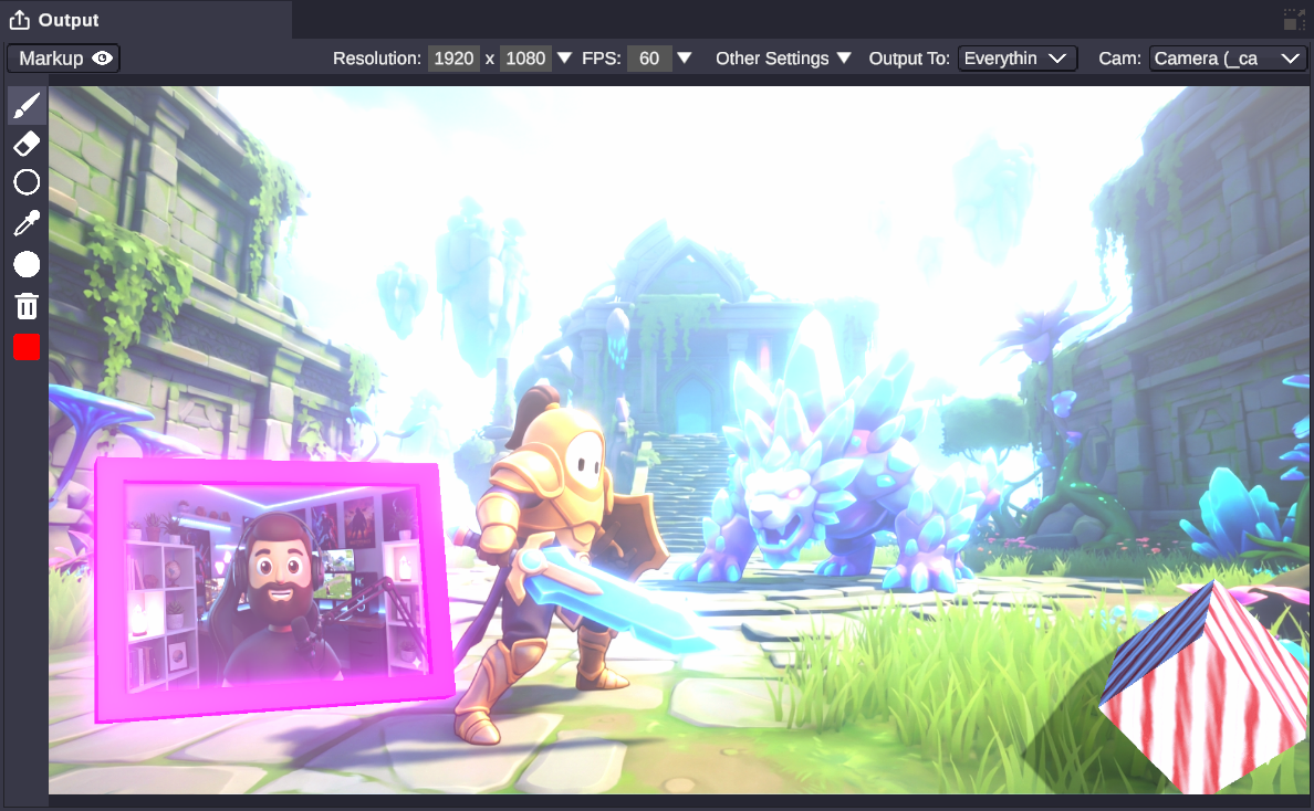 3D scene with character and webcam overlay