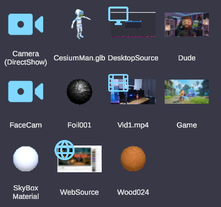 OverMox project panel with cameras, models, and sources