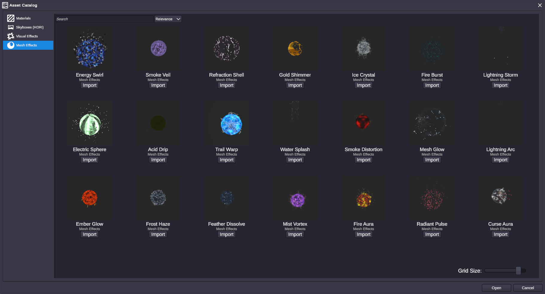 Mesh Effect catalog showing all 21 effects