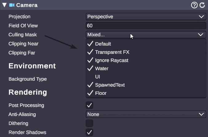 Camera culling mask checkboxes