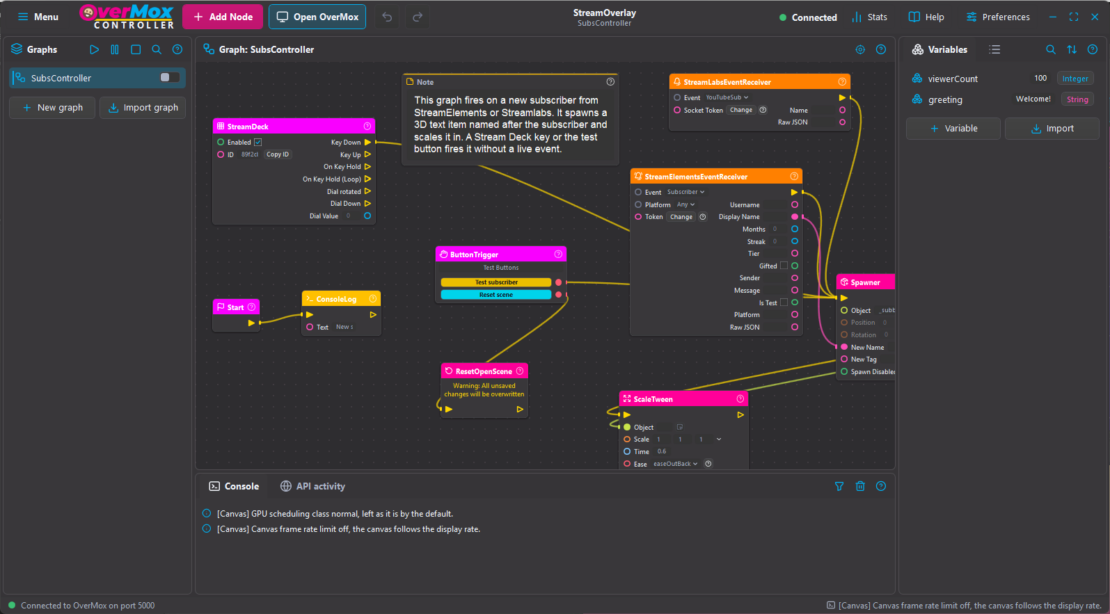 OverMox Controller - visual scripting node graph for stream interactivity
