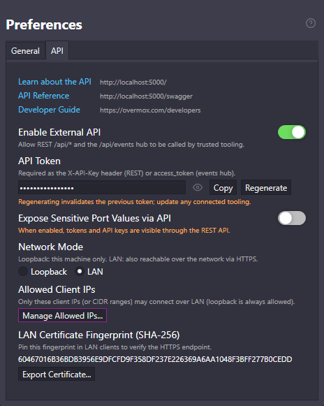 Preferences window, API tab