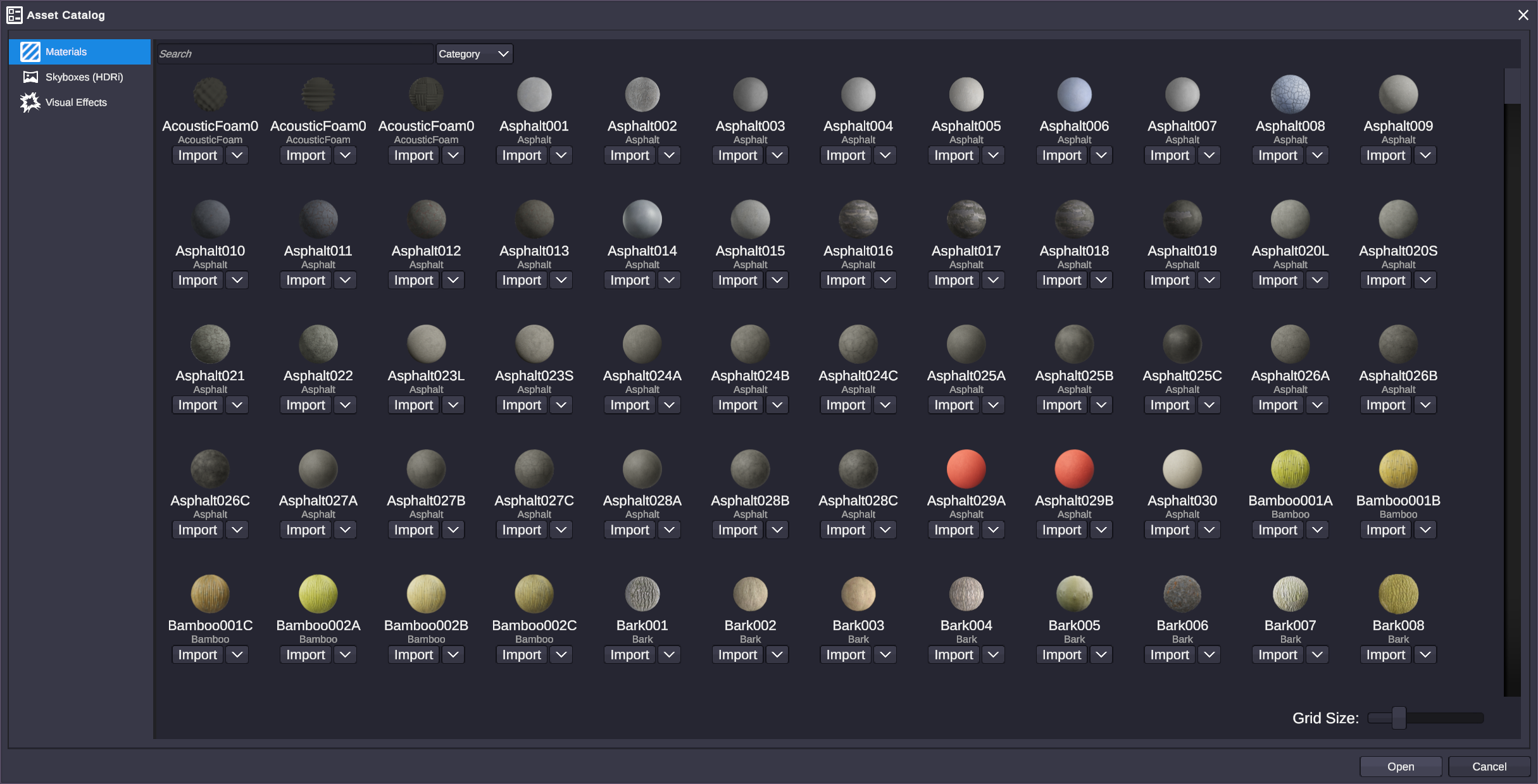 OverMox Asset Catalog — hundreds of built-in 3D materials and skyboxes