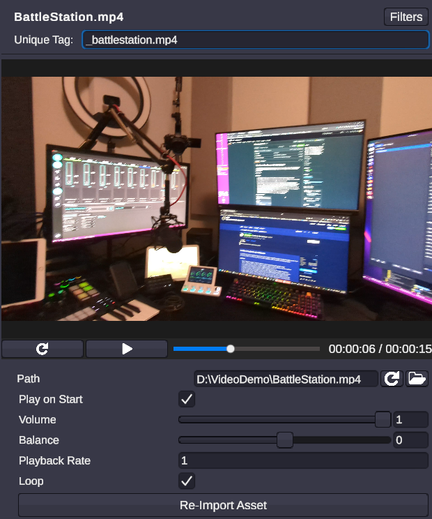 Video asset in inspector
