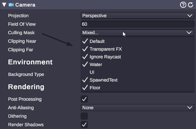 Camera culling mask checkboxes
