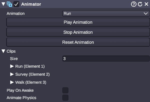 Animator component with clips list