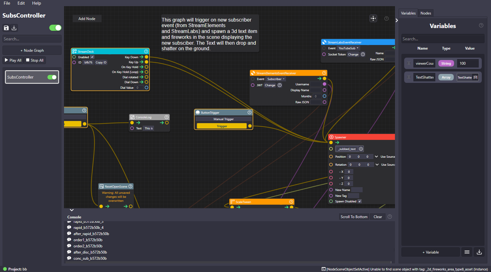 OverMox Controller — visual scripting node graph for stream interactivity