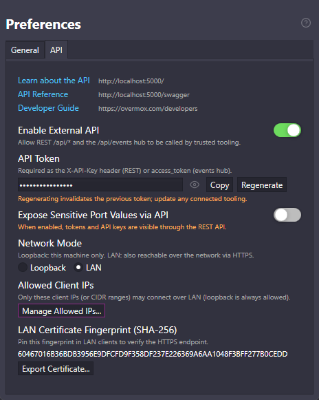 Preferences window, API tab
