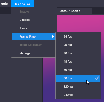 The MoxRelay menu with the Frame Rate submenu