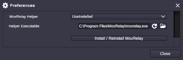 The MoxRelay section of Settings
