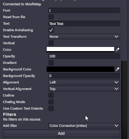 A configured MoxRelay source in the Inspector