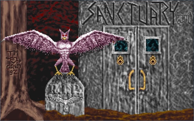 Sanctuary — VGA artwork by Toxic Marshmallow, 1992. A gothic owl perched on a gravestone in front of stone doors.